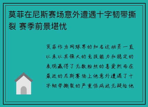 莫菲在尼斯赛场意外遭遇十字韧带撕裂 赛季前景堪忧 莫菲在尼斯赛场意外遭遇十字韧带撕裂 赛季前景堪忧