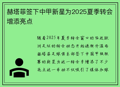 赫塔菲签下中甲新星为2025夏季转会增添亮点